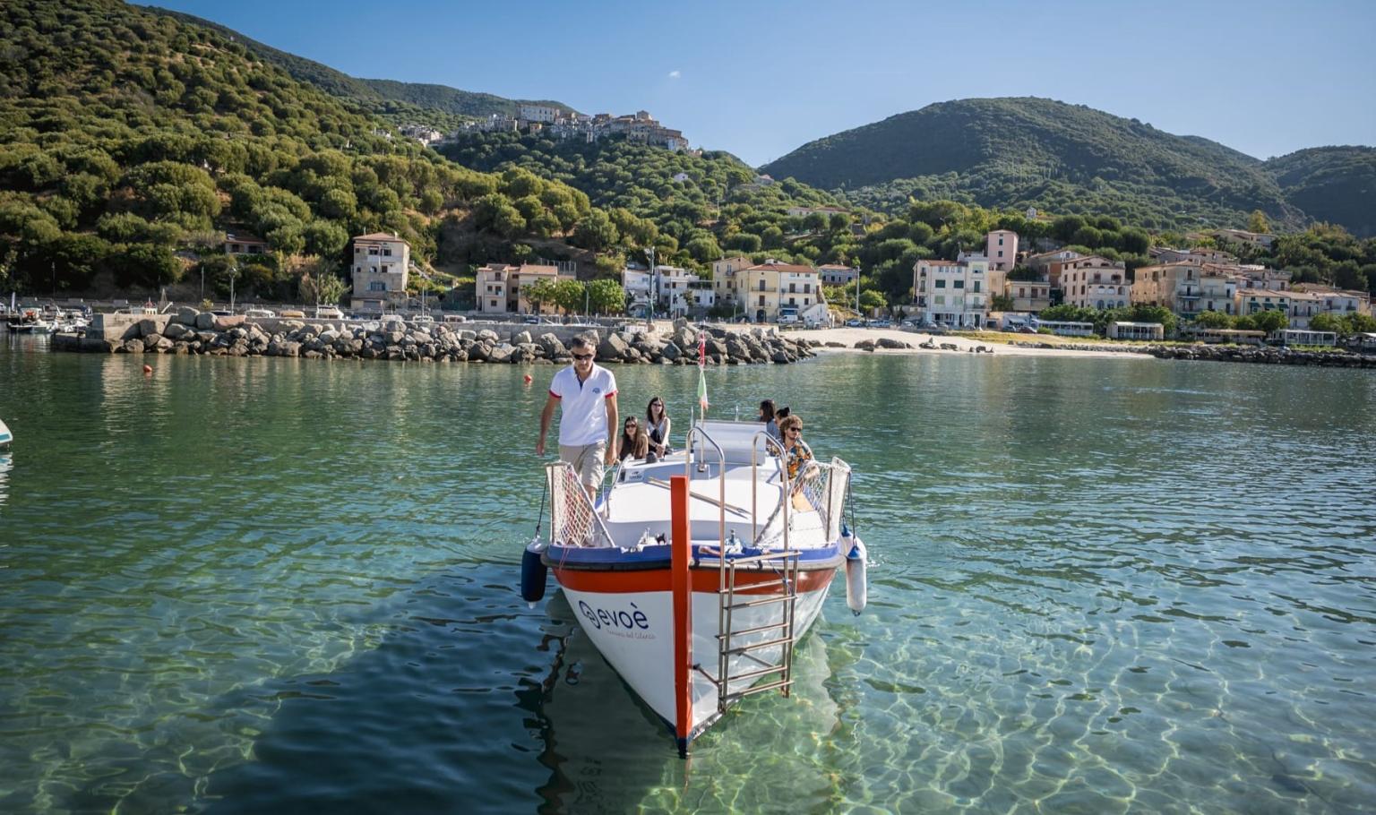 Tourist boat sailing in crystal clear waters, with a picturesque coastal village surrounded by green hills in the background.