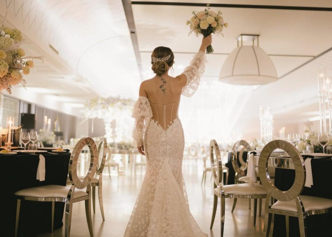 Braut in einem Spitzen-Meerjungfrauenkleid mit einem Blumenstrauß bei einem eleganten Hochzeitsempfang.